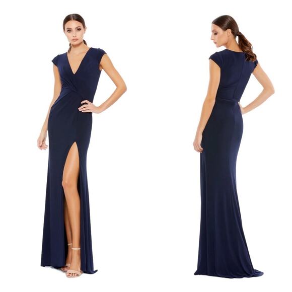 NWT IEENA for MAC DUGGAL Navy V-Neck Ruched High Slit Jersey Gown Women’s - Picture 1 of 11